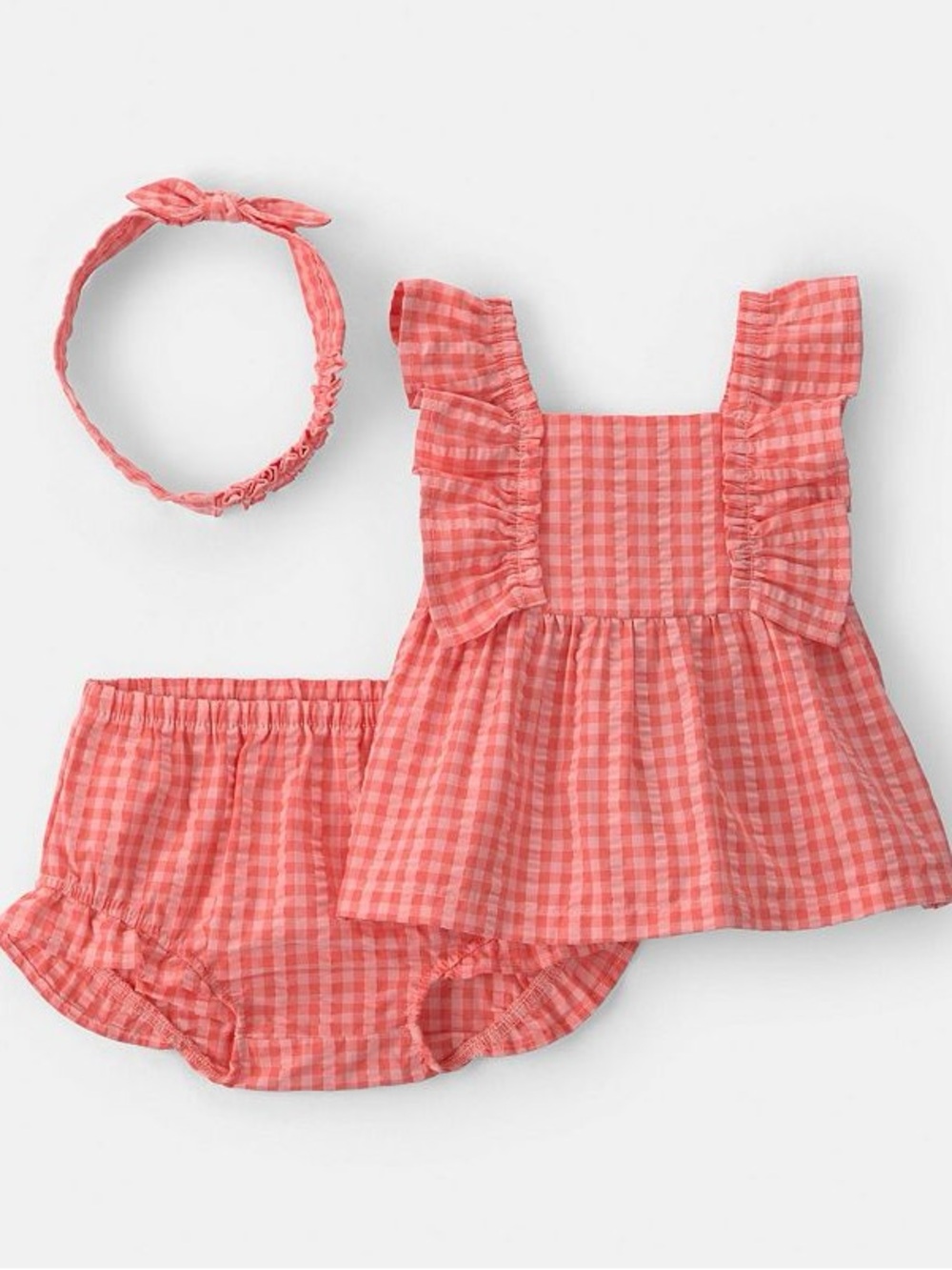 NWT Carter's Pink-Red Gingham Ruffle Bubble Romper and Bloomers - Picture 2 of 6
